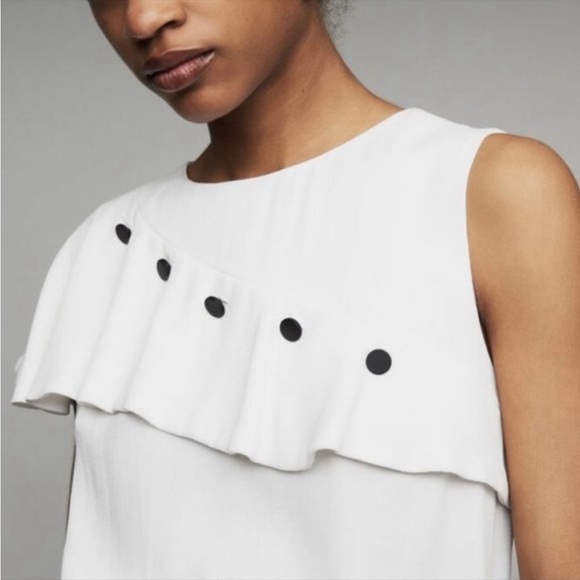 NWT Maje Lorena Asymmetric-Ruffle White Crepe Top w/ makeup marks at neckline - Picture 2 of 11